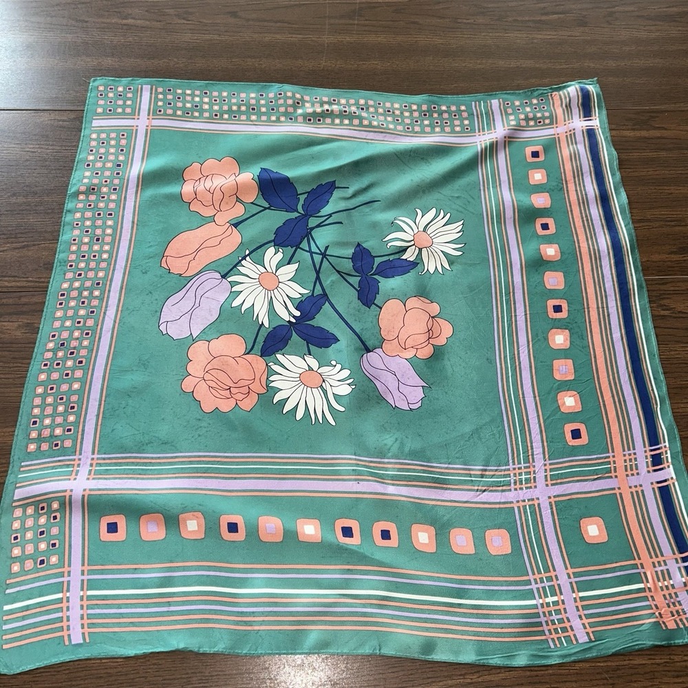 Floral Square Scarf Green Pink Plaid Border Daisy Rose Print